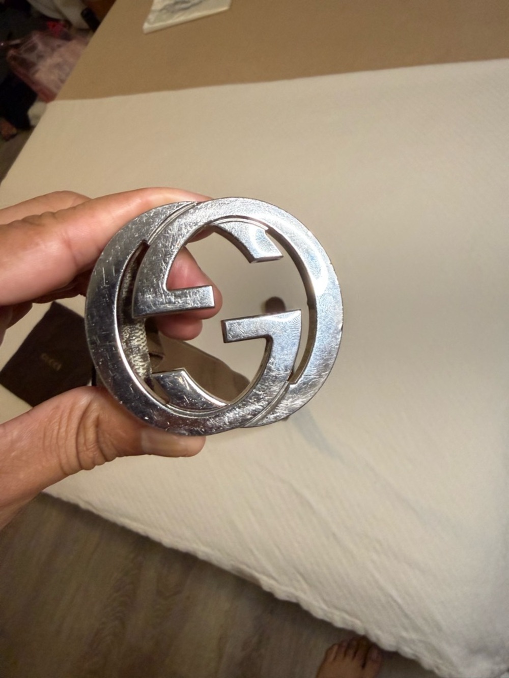 Gucci Beige GG Canvas Belt with Silver Double G Buckle - Picture 5 of 5